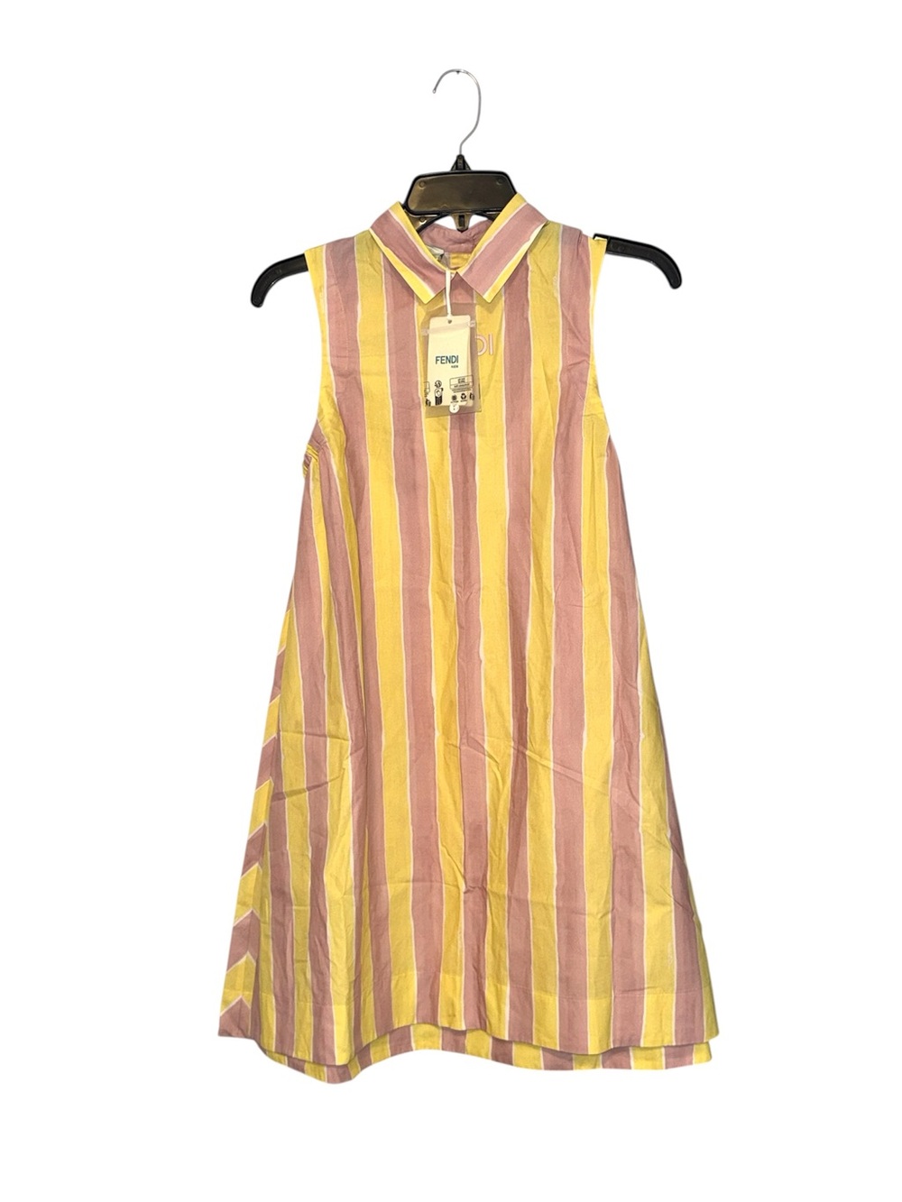 NWT Fendi Girls' Yellow & Pink Striped Collared Sleeveless Dress